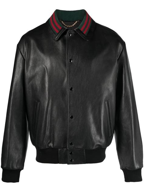 gucci leather bomber jacket with web on sale women|gucci web black leather jacket.